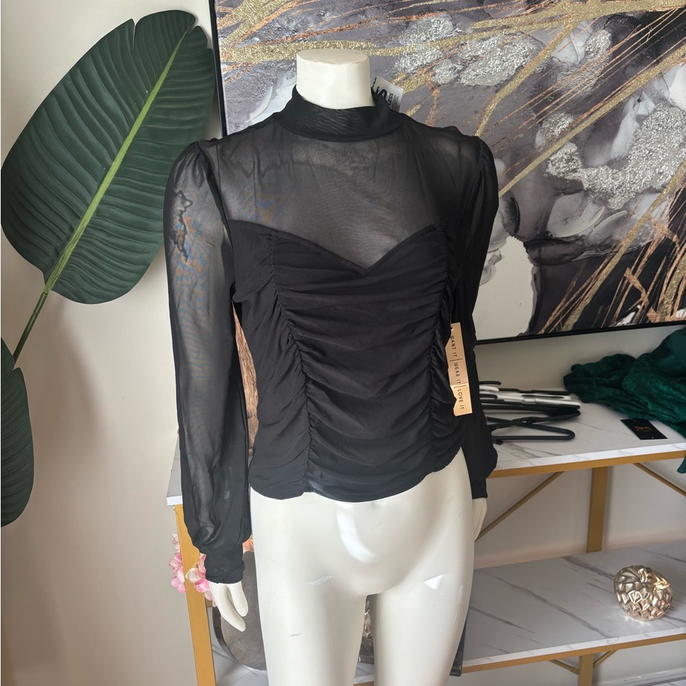 Sheer Ruched Black Long-Sleeve Top